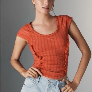 Anthropologie NWT Pilcro Textured Cap-Sleeve Tee, SweetScarlet, Valentine, Sz: L